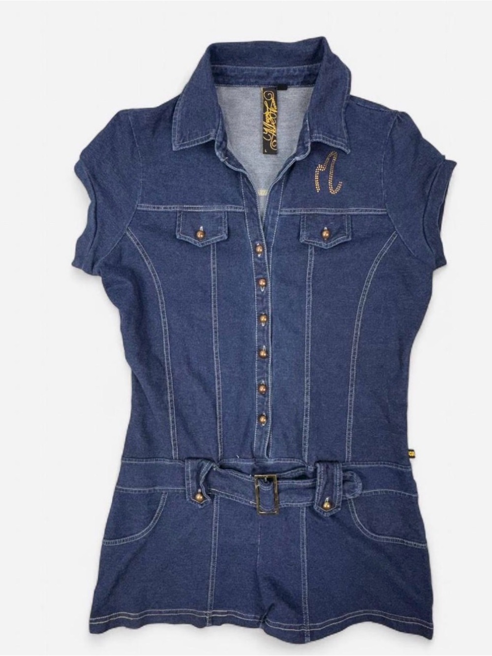Vintage Mecca USA Denim Romper Rhinestone Logo Belted Y2K Blue Size Large